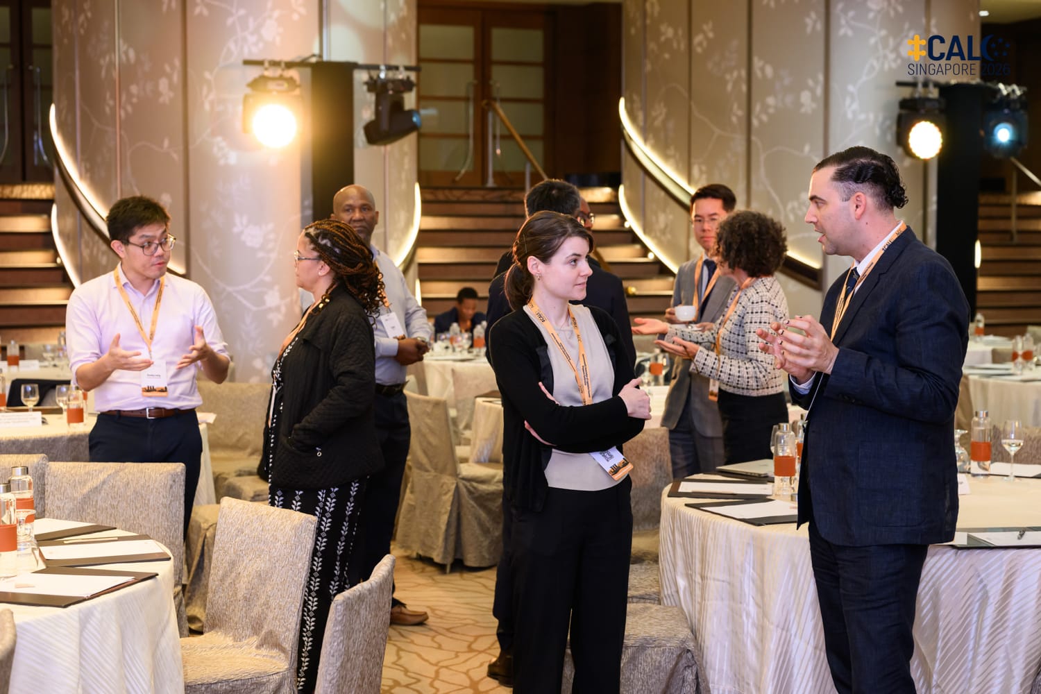 Delegates mingle and chat in small groups in the ballroom at The Fullerton Hotel Singapore during a networking session at the Conference.